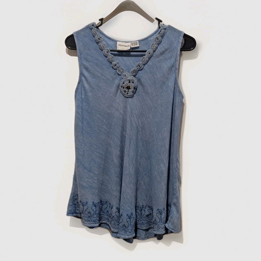 Coastal‎ Boho Cottagecore Blue Embroidered Tunic Tank Rayon Blend L Hippie Indie